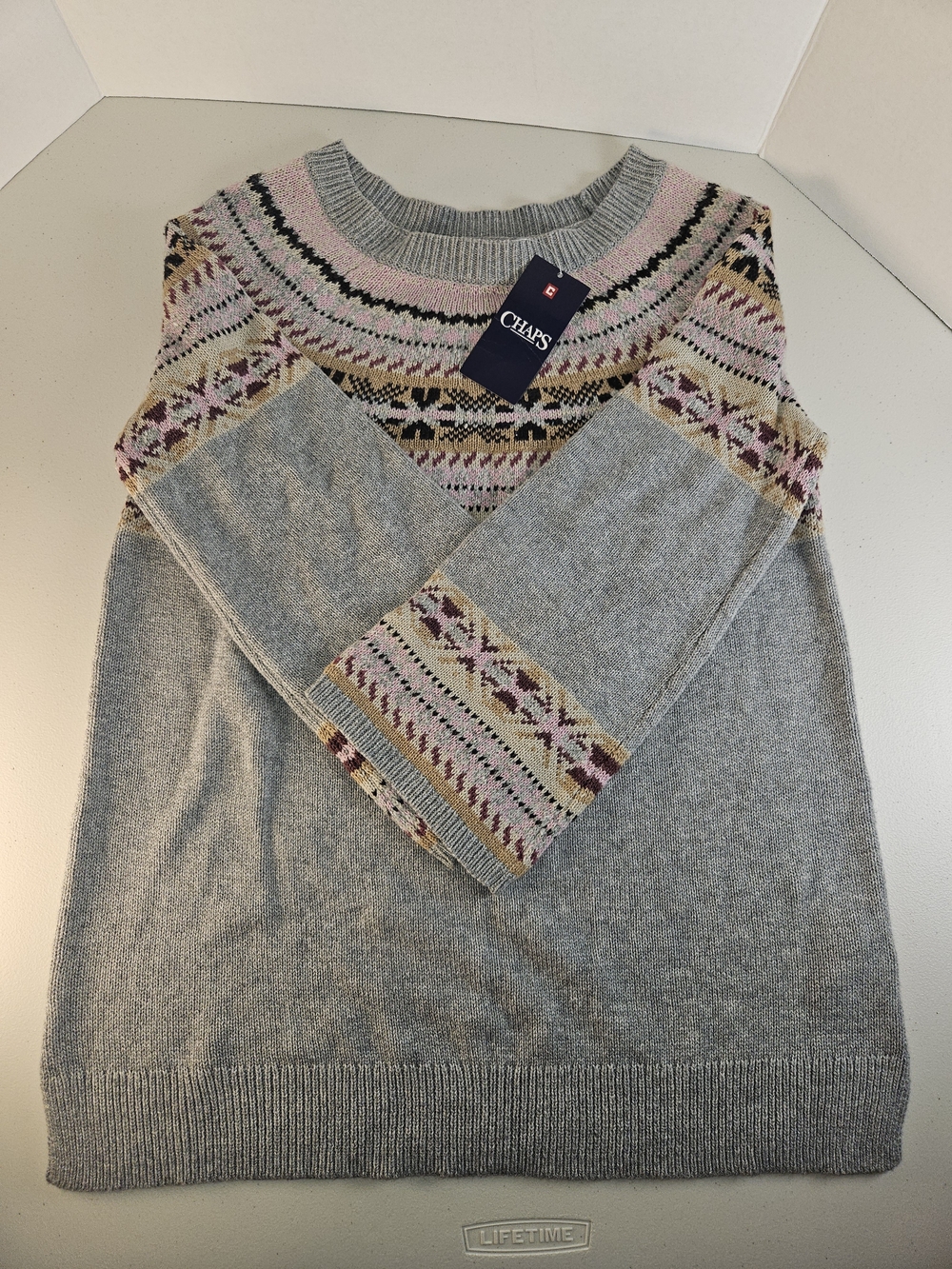NWT CHAPS Women's Gray Fair Isle Crewneck Sweater with Pink Accents Size Small